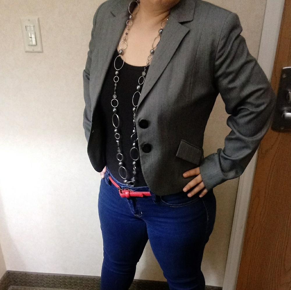 Dark gray blazer with floral imprints inside